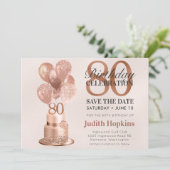 80歳の誕生日 ローズゴールドケーキ Save The Date セーブザデート (スタンド正面)