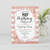 80歳の誕生日 - ローズゴールド ホワイト ストライプ 招待状 (スタンド正面)