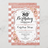 80歳の誕生日 - ローズゴールド ホワイト ストライプ 招待状 (正面/裏面)