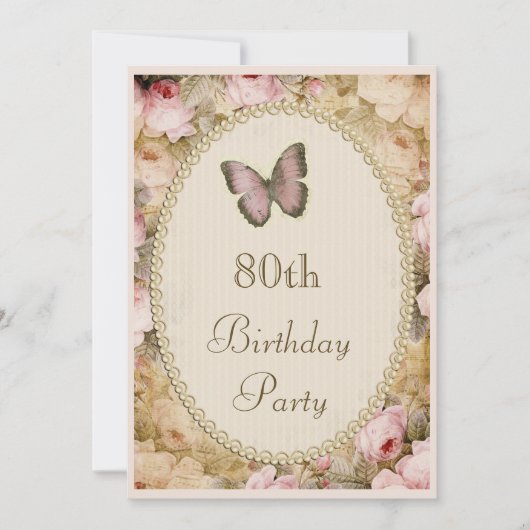 80歳の誕生日 ヴィンテージローズ バタフライ ミュージックノーツ 招待状 (正面)