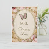 80歳の誕生日 ヴィンテージローズ バタフライ ミュージックノーツ 招待状 (スタンド正面)