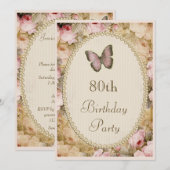 80歳の誕生日 ヴィンテージローズ バタフライ ミュージックノーツ 招待状 (正面/裏面)