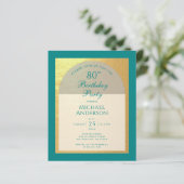 80歳の誕生日 偽金のターコイズ ブルーのお手頃招待状 (スタンド正面)