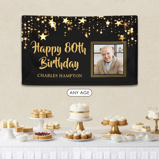 80歳の誕生日 写真 ブラック ゴールド スターズ パーソナライズド 横断幕