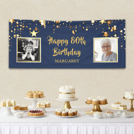 80歳の誕生日　写真　青と金の星　パーソナライズド 横断幕
