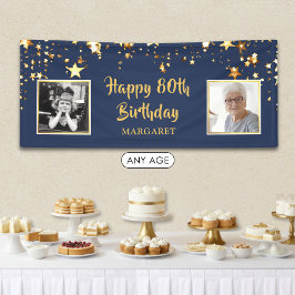 80歳の誕生日 写真 青と金の星 パーソナライズド 横断幕