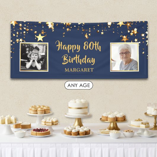 80歳の誕生日 写真 青と金の星 パーソナライズド 横断幕