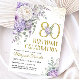 80歳の誕生日 女性らしい ダスティパープル ゴールドラメ 招待状