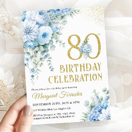 80歳の誕生日 女性らしい ダスティブルー ゴールドの輝き 招待状