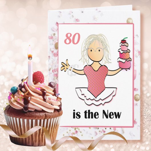 80歳の誕生日 女性 カートゥーン おもしろい かわいい ピンク カード