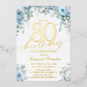 80歳の誕生日 本物のゴールドブルーの花 箔招待状 (正面)