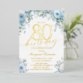 80歳の誕生日 本物のゴールドブルーの花 箔招待状 (立ち正面)