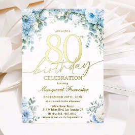80歳の誕生日 本物のゴールドブルーの花 箔招待状