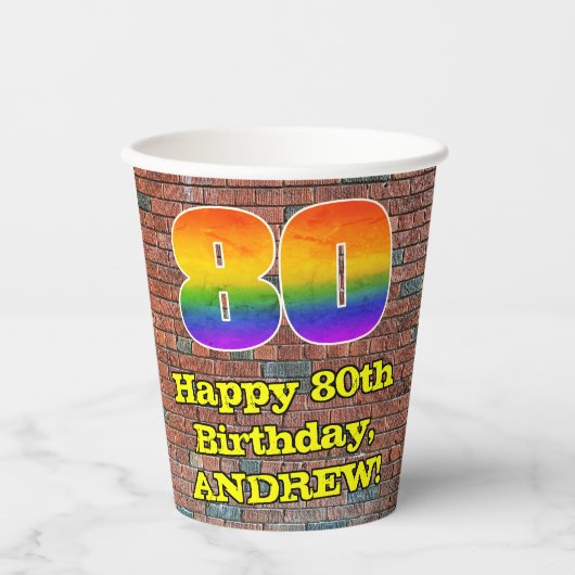 80歳の誕生日:楽しいグラフィティにインスパイアされた虹色の80 紙コップ (正面)