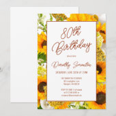 80歳の誕生日 現代的なひまわり フラワーデザイン 招待状 (正面/裏面)