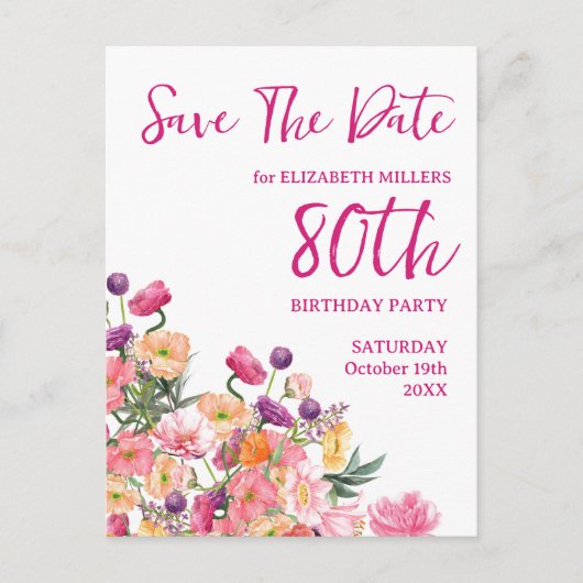 80歳の誕生日 花のモダンなSave The Date ポストカード (正面)