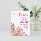 80歳の誕生日 花のモダンなSave The Date ポストカード (スタンド正面)