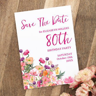 80歳の誕生日 花のモダンなSave The Date ポストカード