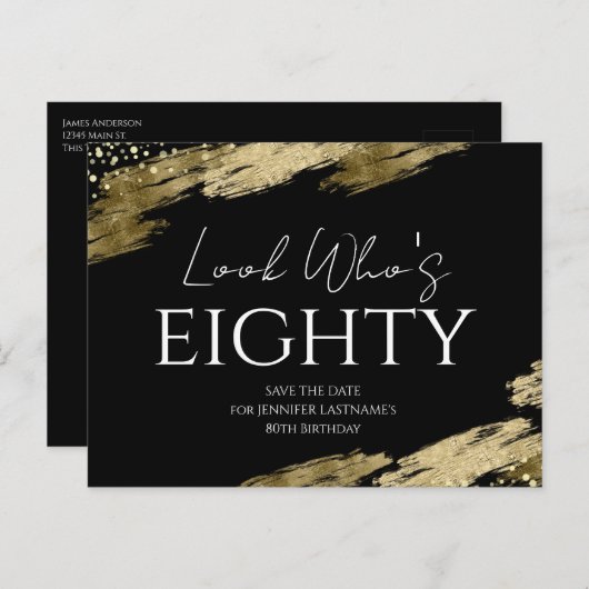 80歳の誕生日 誰が ゴールド ブラック Save the Date ポストカード (正面/裏面)
