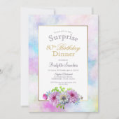 80歳の誕生日 青とピンクの花のサプライズディナー 招待状 (正面)