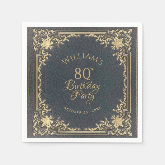 80歳の誕生日 青と金 ヴィンテージ エレガント スクリプト スタンダードカクテルナプキン (正面)