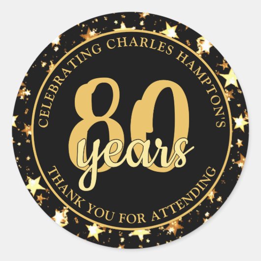 80歳の誕生日 黒と金の星たち サンキュー ラウンドシール (正面)