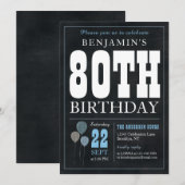 80歳の誕生日 黒板 青い風船 ラスティック チック 招待状 (正面/裏面)