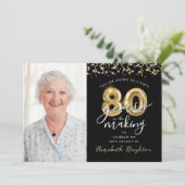 80歳の誕生日 黒金風船 一枚の写真 招待状 (スタンド正面)