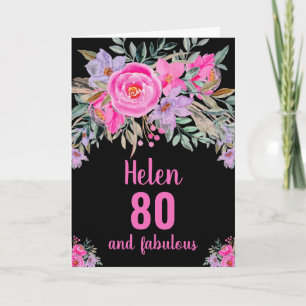 80歳の誕生日 黒 ピンク 水彩 花のカード カード