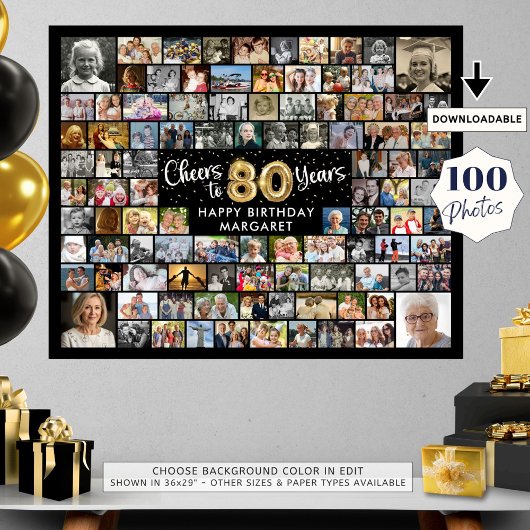 80歳の誕生日 100枚の写真 ブラックゴールド 乾杯 イヤー ポスター