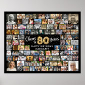 80歳の誕生日 100枚の写真 ブラックゴールド 乾杯 イヤー ポスター (正面)