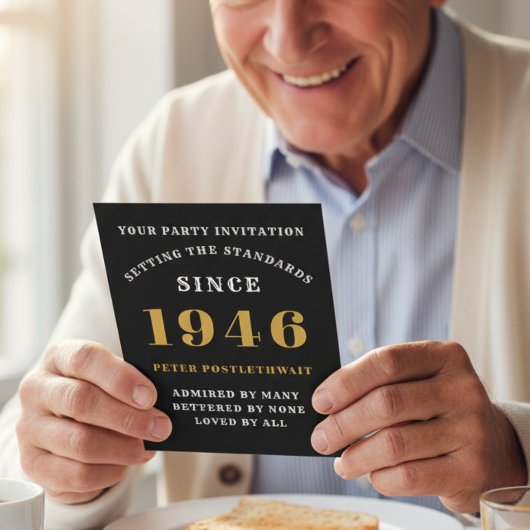 80歳の誕生日 1946 ブラック ゴールド 彼のためのパーソナライズド 招待状
