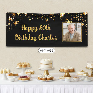 80歳またはその他の誕生日フォトゴールドスターカスタムカラー 横断幕