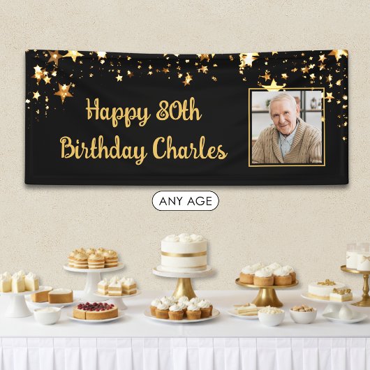 80歳またはその他の誕生日フォトゴールドスターカスタムカラー 横断幕