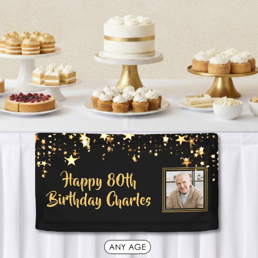 80歳またはその他の誕生日フォトゴールドスター カスタムカラー 横断幕