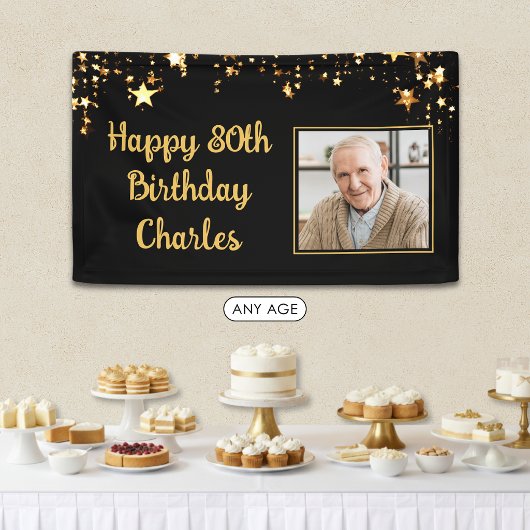 80歳またはその他の誕生日フォト ゴールドスター カスタムカラー 横断幕