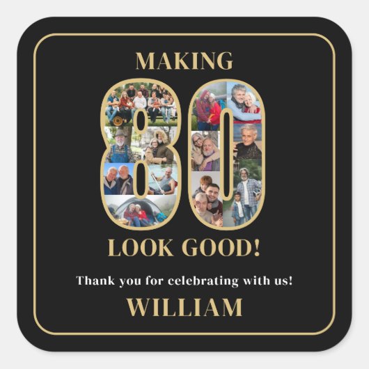 80歳をステキに彩るフォトコラージュ 80歳の誕生日 スクエアシール (正面)