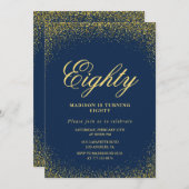 80歳エレガントの誕生日の招待金ゴールドネイビー・グラム 招待状 (正面/裏面)