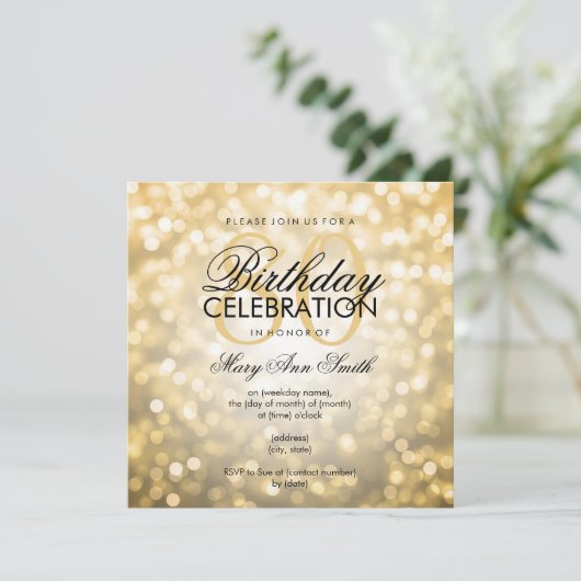 80歳エレガント誕生パーティー金ゴールドグリッター灯 招待状 (スタンド正面)