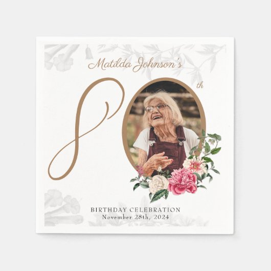 80歳エレガント誕生日パーティーフローラ植物写真 スタンダードカクテルナプキン (正面)