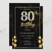 80歳ダイヤモンド ブラック＆ゴールド 誕生日 招待状 (正面/裏面)