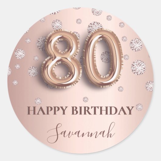80歳バラ金ゴールドピンクダイヤモンドバルーンフォント ラウンドシール (正面)