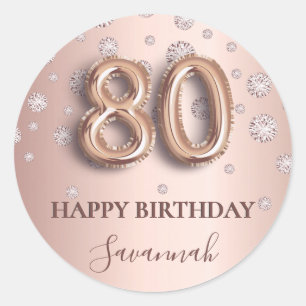 80歳バラ金ゴールドピンクダイヤモンドバルーンフォント ラウンドシール