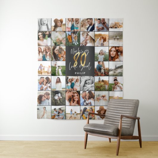 80歳モダンの誕生日の写数々の真 タペストリー (インサイチュ)