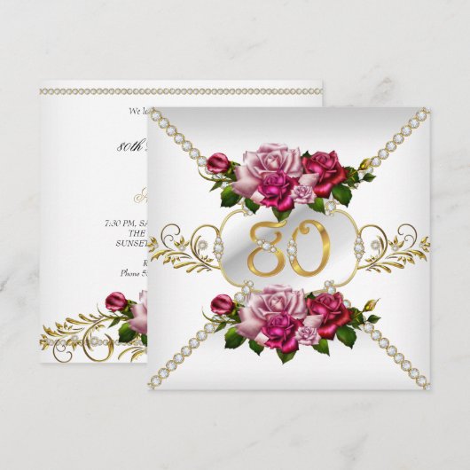 80歳女性の誕生日パーティー ピンクのバラ ホワイトゴールド 招待状 (正面/裏面)
