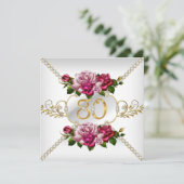 80歳女性の誕生日パーティー ピンクのバラ ホワイトゴールド 招待状 (スタンド正面)