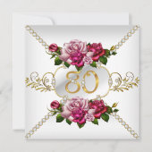 80歳女性の誕生日パーティー ピンクのバラ ホワイトゴールド 招待状 (正面)