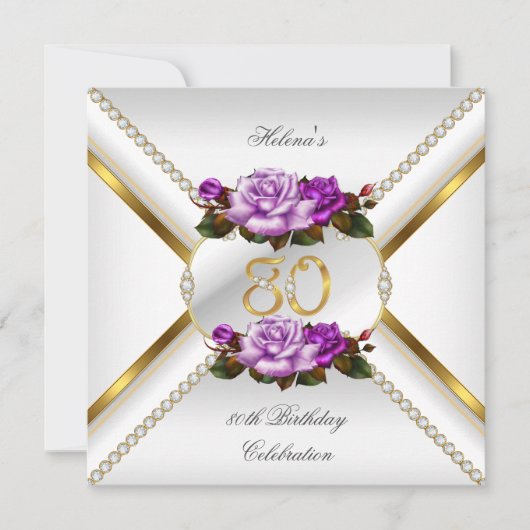 80歳女性の誕生日パーティー 白金 ライラックのバラ 招待状 (正面)