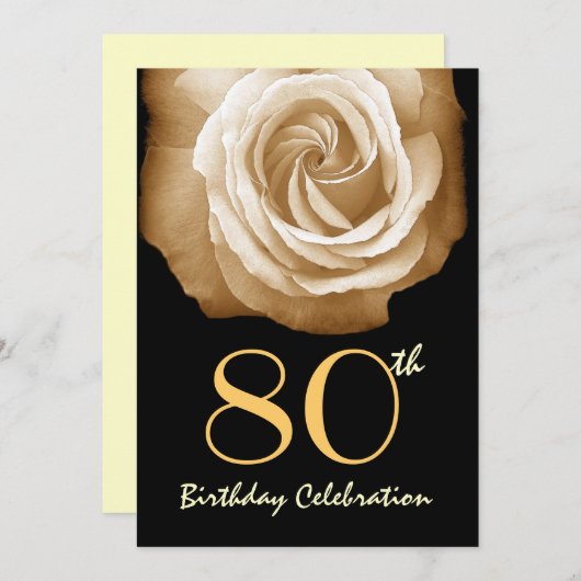 80歳誕生日パーティーの招待金ゴールドバラ 招待状 (正面/裏面)