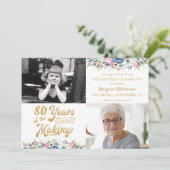 80歳誕生日(またはその他の年齢の誕生日)花をあしらった「歳を重ねて」 招待状 (スタンド正面)